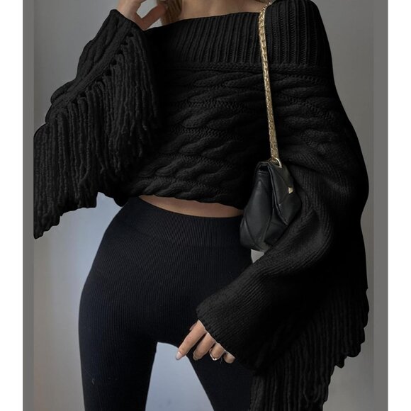 Women’s Black Unybwonn Off Shoulder Tassel Knit Cropped Y2K Sweater - Picture 3 of 6